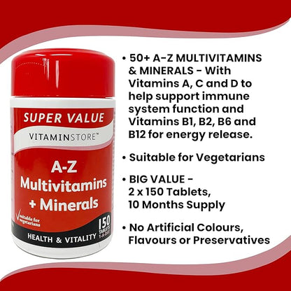 Vitamin Store A-Z Multivitamins & Minerals Food Supplement, 150 Tablets per Tub, Pack of 2 Tubs, 10 Months Supply